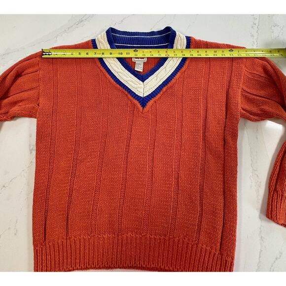 Vintage 80s-90s Body Equip Cricket Tennis Sweater Orange Blue White V-Neck Large - Picture 6 of 12
